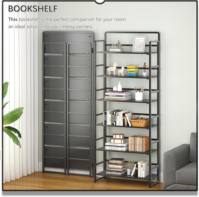 4NM No Assembly 6 Tiers Folding Bookshelf Storage Shelves Vintage Bookcase Standing Racks Study Organizer Home Office (All Black)
