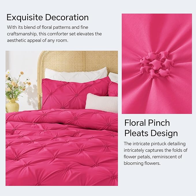 BEDELITE Hot Pink King Size Comforter Set - 3 Pieces Boho Pintuck Bedding Comforter Sets, Lightweight Soft & Warm King Bedding Set with 2 Pillowcases for All Season