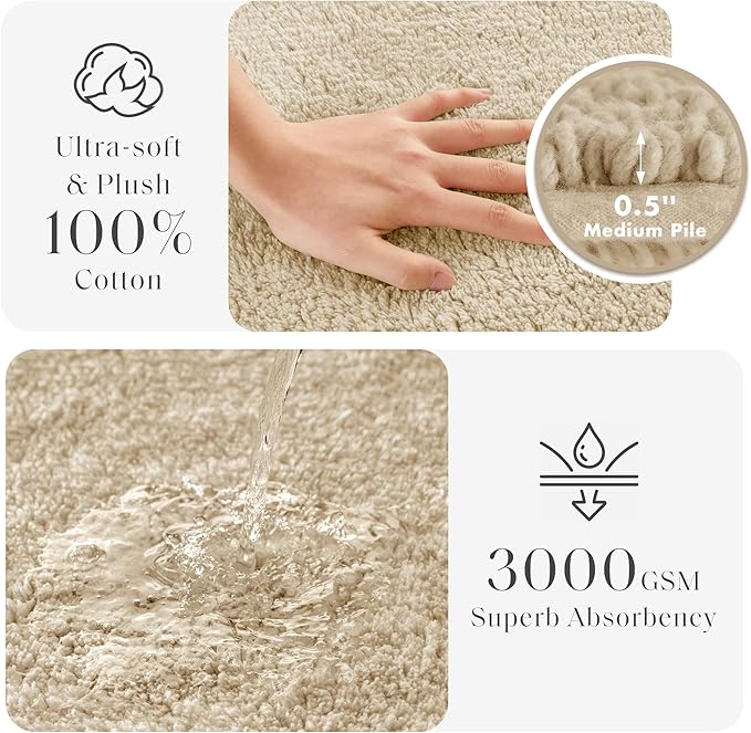 Madison Park Splendor Reversible 100% Cotton Tufted Bathroom Rug-3000 GSM Hotel Quality Luxurious Plush Medium Pile Bath Mat Absorbent, Quick Dry, Shower Room Décor, 24x44 Natural