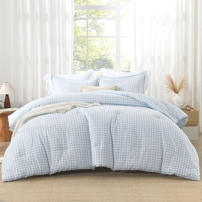 Andency Light Blue Gingham Comforter Set Twin(66x90Inch), Checkered Grid Plaid Buffalo Bed Set for Girls Boys Kids Teens, 2 Pieces Lightweight Microfiber Geometric Preppy Bedding