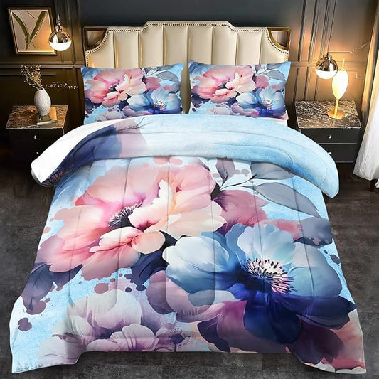 Pink Floral Comforter Set Queen Size Girls Blue Flower Comforter Comen Western Boho Bedding Set Queen Blue Floral Bedding Boho Bedroom Decor Teen Girls
