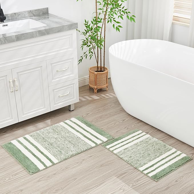 CozeCube Bath mats for Bathroom Non Slip, Fluffy Absorbent Microfiber Bath mat Washable, Aesthetic Bathroom Rugs, Cute Sage Green Striped Bath mat, Sage Green, 32" x 20"
