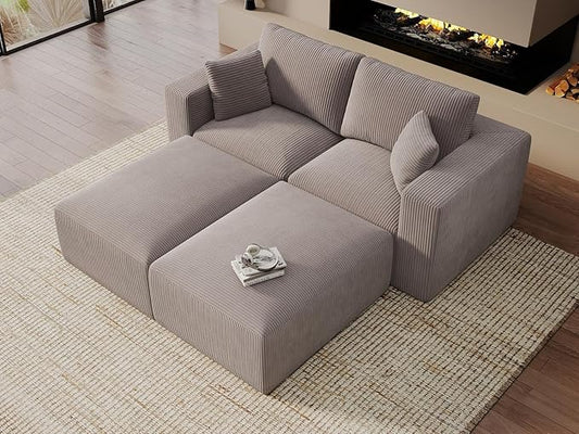 Modular Sleeper Sofa Bed Modern Sectional Couches for Living Room - 79" Boneless Cloud Couch - No Assembly Required Grey Corduroy Convertible Sponge Compression Sofas with Chaise for Home House