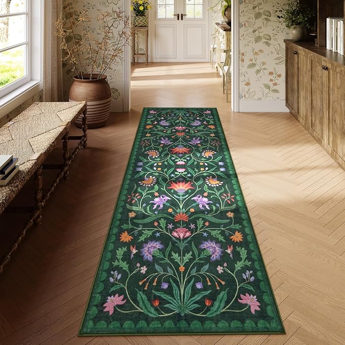 Lahome Boho Floral 2'6"x8' Washable Runners for Hallways, Kitchen Runner Rugs Non Skid Ultra-Thin, Soft Bathroom Rug Throw Carpet Runners for Bedroom Laundry Room (Forest Green,2'6"x8ft)