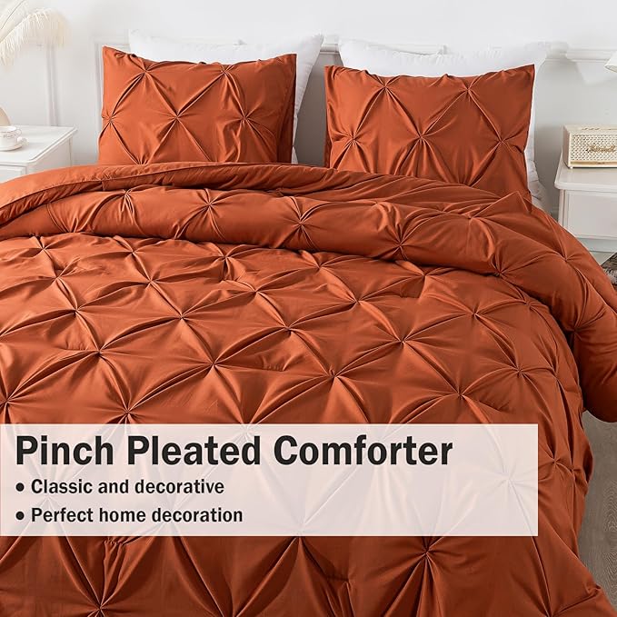 Andency Burnt Orange Queen Size Comforter Set, 3 Pieces Soft Decorative Pintuck Bedding Comforters & Sets, All Season Microfiber Lightweight Bed Set for Queen Size Bed