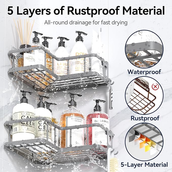 YASONIC Shower Caddy Corner, 3-Pack Adhesive Rustproof Stainless Steel Shower Shelves with Soap Holder, No Drilling Shower Organizer Corner for Dorm, Renters Bathroom, Grey