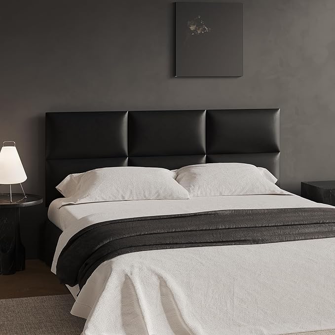 Black Stick-On Wall Mounted Headboard - 6-Piece Modular Bed Backboard for Queen Size Beds, 24 x 12 Inches Each, Easy-to-Install, Sound-Proofing, and Decorative Bed Headboard for Modern Bedrooms