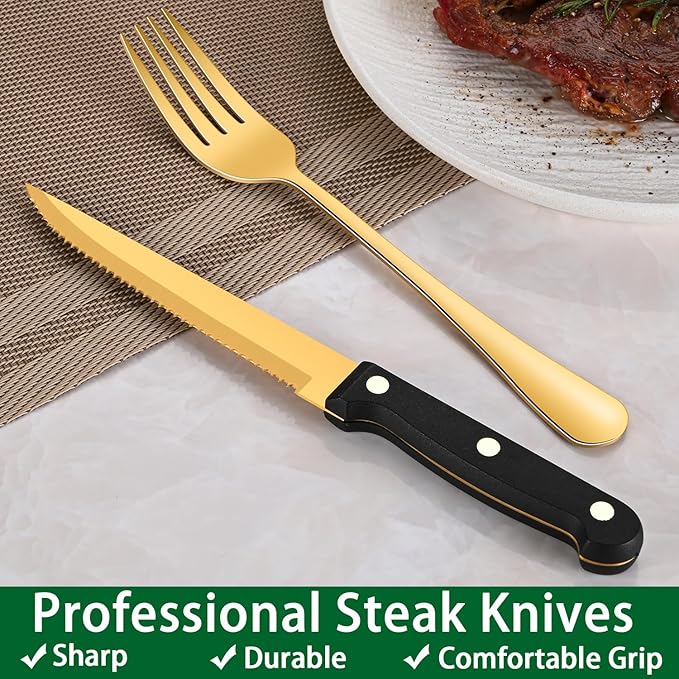 24-Piece Gold Silverware Set with Steak Knives,Golden Flatware Sets Service For 4 Person For Home,Party,Restaurant,Durable Cutlery Sets,Includes Knife Spoon and Forks Sets