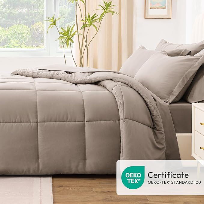 Love's cabin Full Comforter Set Light Brown, 7 Pieces Full Bed in a Bag, All Season Bedding Sets with 1 Comforter, 1 Flat Sheet, 1 Fitted Sheet, 2 Pillowcase and 2 Pillow Sham
