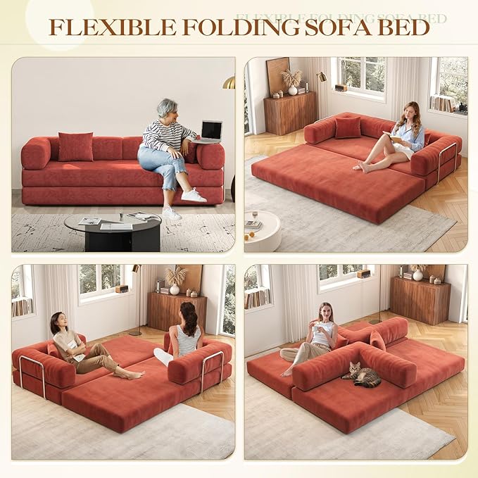 Antetek Convertible Futon Sofa Bed, 3-Seater Modern Corduroy Foam Floor King Size Bed Fold Out Sleeper Lounge Loveseat Sofa Couch with 2 Throw Pillows for Living Room Bedroom Guest Room, Tangerine