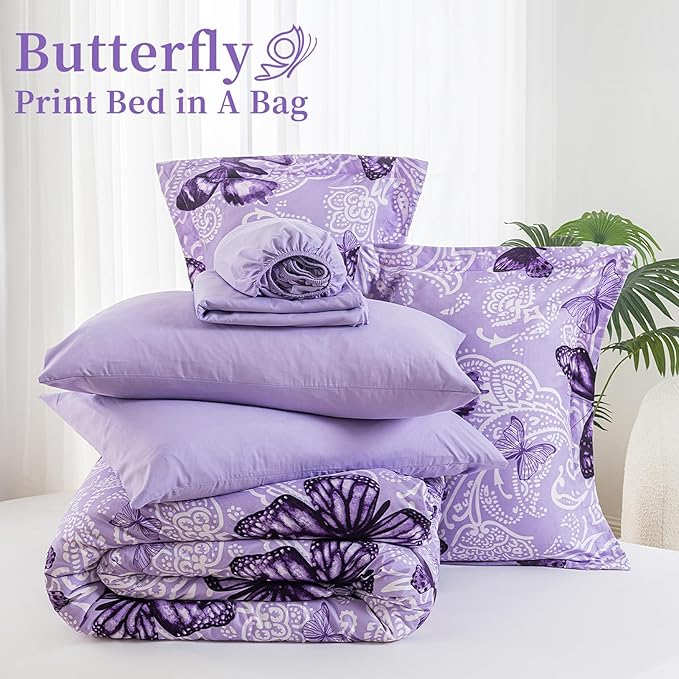 ARTALL Bed in A Bag Full/Queen Size 7 Pieces, Purple Paisley Butterfly Bedding Comforter Set All Season Bed Set with 1 Comforter, 2 Pillow Shams, 1 Flat Sheet, 1 Fitted Sheet, 2 Pillowcases