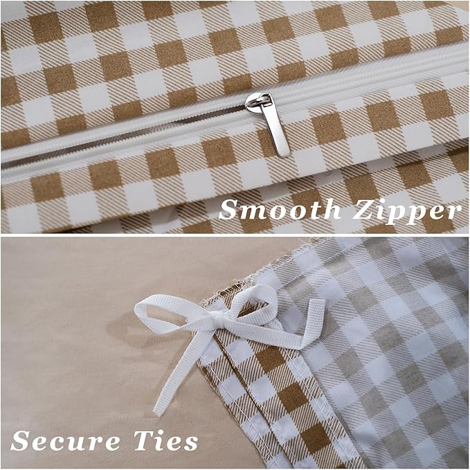 Tan Duvet Cover Set Full Size Khaki Beige Checkered Plaid Comforter Cover Modern Bedding Set 3Pcs Soft Breathable Microfiber Lightweight Cozy Quilt Set Farmhouse Bedroom Decor Gifts for Girls Boys