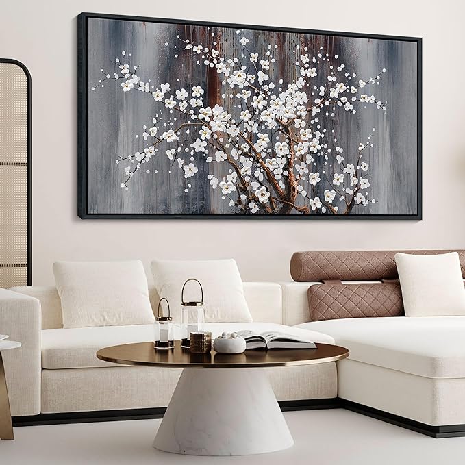 Wall Art for Living Room Large Modern Wall Decor Canvas Paintings for Wall Decorations White Flower Brown Bedroom Office Artwork Plum Blossom Art Prints Framed 29×58IN