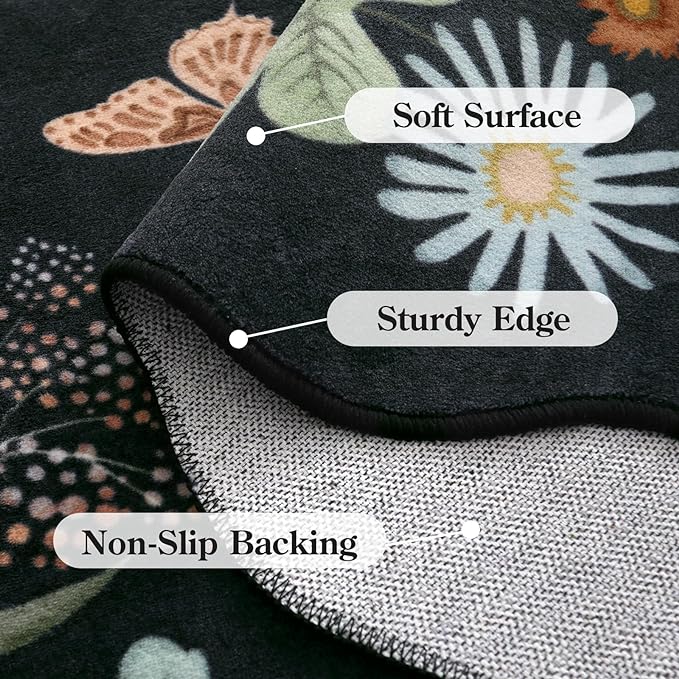 Lahome Floral Washable Round Area Rug, Round Rug 5ft Soft Non-Slip, Non-Shedding Boho Circle Carpet for Bedroom Living Room Bathroom Nursery Kitchen, Black/Grey