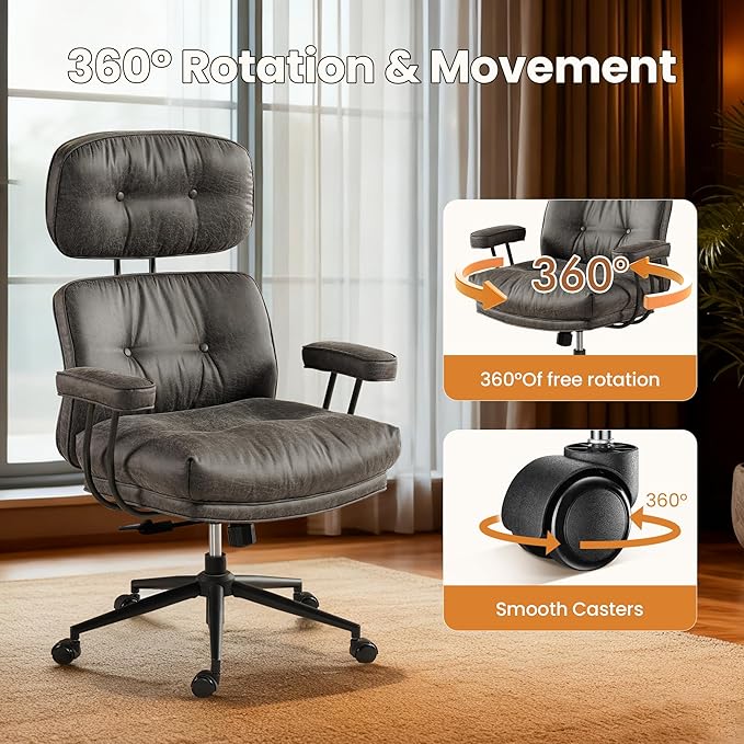Home Office Desk Chair, Mid-Century Modern Office Chair with Adjustable Lumbar Support, Thickened Cushion Executive Desk Chair with 360 Rolling Swivel for Meeting Game Study Room(Dark Grey)