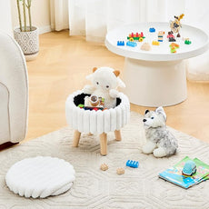 Wimarsbon Storage Ottoman,Soft Faux Fur Footstool with Padded Seat, Small Reading Vanity Chair, Footrest with Wood Tray for Couch, Mini Coffee Table or Display Stand (Cream, Round Storage)