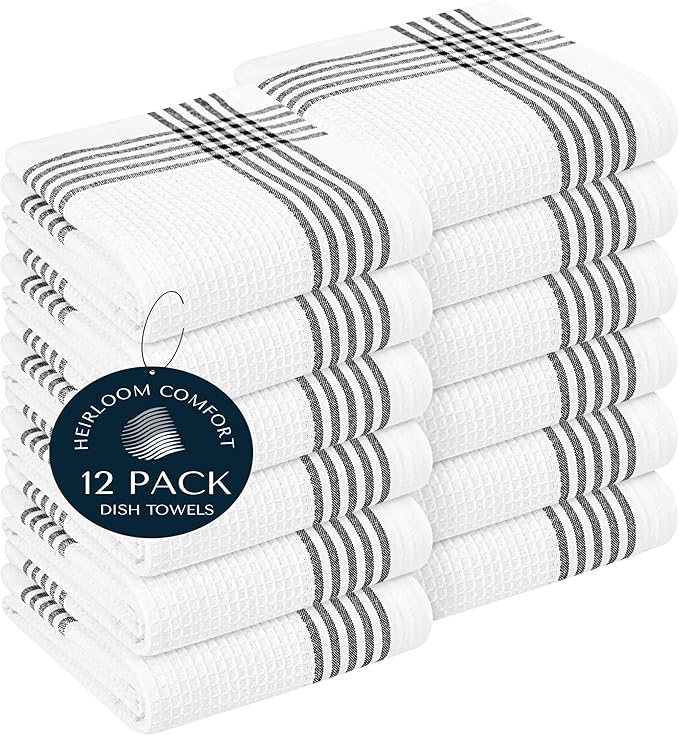 Black and White Kitchen Towels 12 Pack, 16x26 Inch, 100% Cotton Waffle Weave, Super Absorbent, Quick Dry, Reusable Dish Towels for Cleaning, Drying, Cooking, Washing