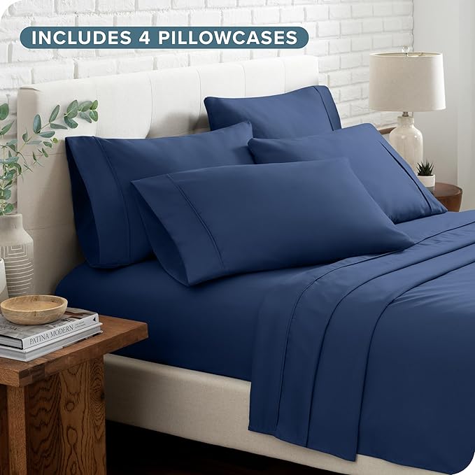 Bare Home Hotel Luxury Full XL Sheet Set, Extra Soft - 6 Piece Set - Deep Pockets - Easy Fit - Cooling & Breathable - Wrinkle, Fade, Stain Resistant - Includes 4 Pillowcases (Full XL, Dark Blue)
