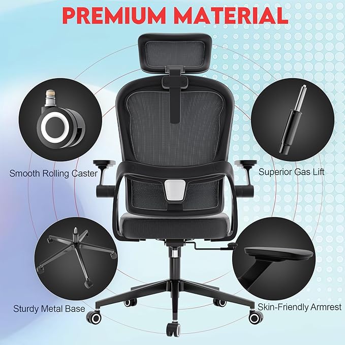 Ergonomic Office Chair - 400LB Comfy Desk Chairs with Adjustable Headrest and Lumbar Back Support, Mesh Computer Chairs with Wheels and Arms for Home Office, Study (218Gray-With Headrest)