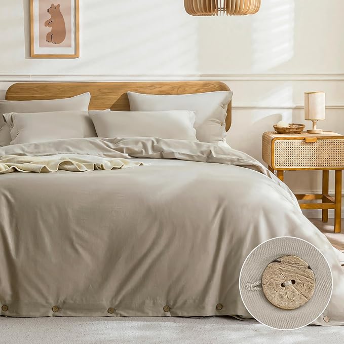 JELLYMONI Cotton Duvet Cover Full Size - Linen Gray Comforter Cover with Button 100% Washed Cotton 3PCS Breathable Soft Solid Bedding Set Duvet Cover 80×90in & 2 Pillowcases (NO Comforter)
