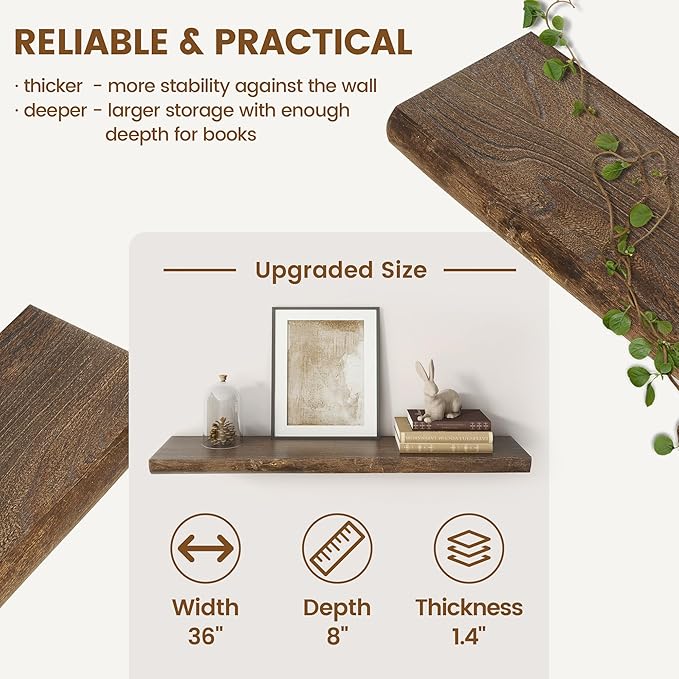 Live Edge Elm Floating Shelves for Wall Decor, Rustic Solid Wood Shevles Wall Mounted with Invisible Bracket for Living Room Bathroom Bedroom Kitchen, 36 Inch Set of 2, Walnut