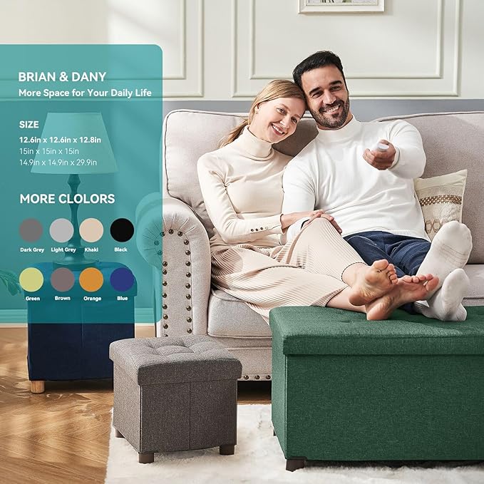 BRIAN & DANY Small Ottoman with Storage, Small Storage Ottoman, Folding Foot Stool with Wood Legs for Living Room and Bedroom Linen Rest Seat, 12.6"x12.6"x12.8" - Dark Green