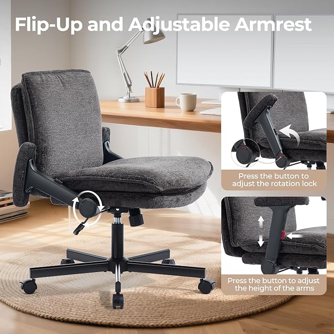 Criss Cross Chair with Flip-Up Arms and Lockable Wheels, Plush Fabric Cross Legged Office Desk Chair,Wider 125°Tilting Adjustable Swivel Computer Chair for Home, Apartment, Bedroom,Black