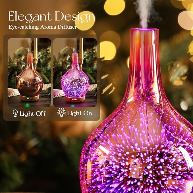 Porseme Rose Gold Essential Oil Diffuser 3D Glass Aromatherapy Ultrasonic Humidifier, Waterless Auto-Off, Timer Setting, BPA Free, Air Refresh for Home Hotel Yoga Leisure SPA Gift 150ml