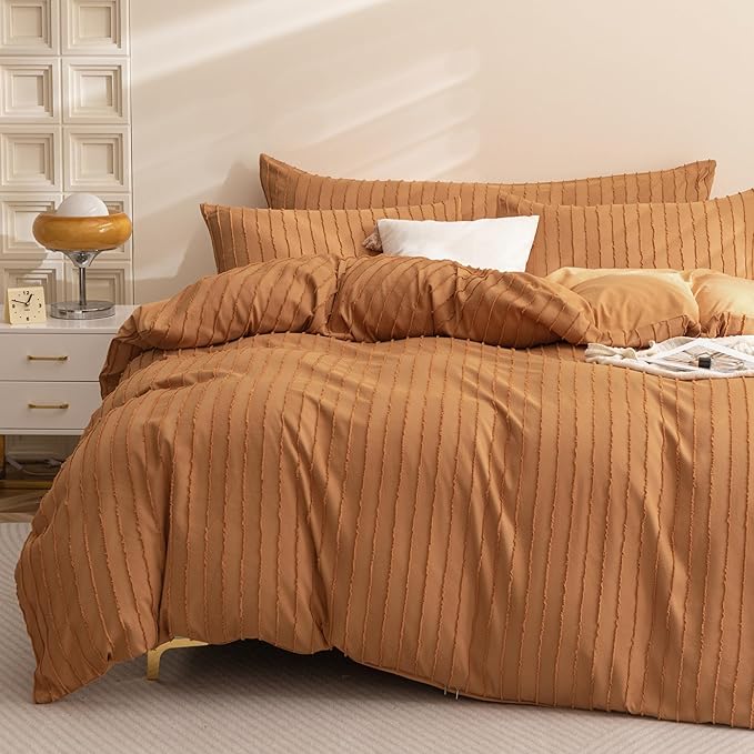 JELLYMONI Duvet Cover King Size Rust - 3PCS Boho Striped Duvet Cover Set Polyester Tufted Bohemian Textured Comforter Cover 104×90in with Corner Ties & Zipper and 2 Pillowcases