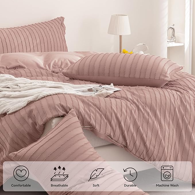 JELLYMONI Duvet Cover Full Size Smokey Pink - 3PCS Boho Striped Duvet Cover Set Polyester Tufted Bohemian Textured Comforter Cover 80×90in with Corner Ties & Zipper and 2 Pillowcases