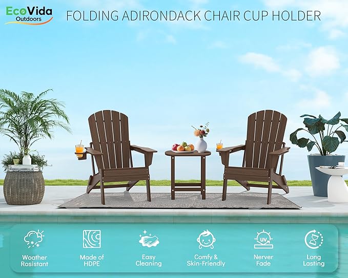 Folding Adirondack Chair 3-Piece Set - 38" Extra Tall Back & Embossed Wood Grain, Oversized HDPE Patio Furniture with Side Table & Cup Holders, 380lb Heavy Duty,Coffee