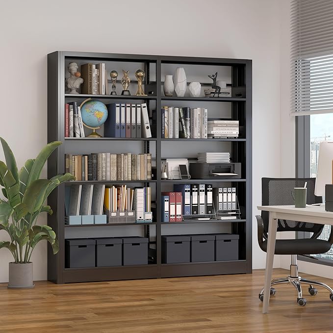 5-Tier Bookshelf, Black Bookcase with Adjustable Storage Shelves, Freestanding Bookcases and Bookshelves, Wide Bookshelf for Home Office, Living Room, Bed Room, Including Book Stopper (Black)