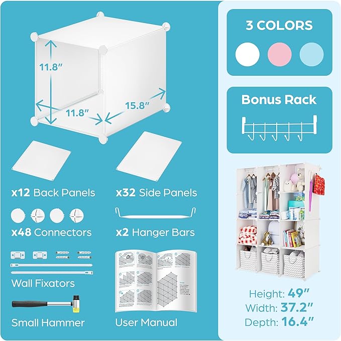 Baby Closet Organizer for Nursery: Durable Baby Wardrobe for Closet - Customizable Baby Dresser Amoire Shelves - Waterproof Shelf Clothes Organizer w/Wall Fixation (White)