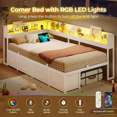 VIAGDO Corner Bed Frame with Storage Bookcase and 6 Drawers, Twin Metal Platform Corner Bed Frame with LED Lights and Charging Station, Twin Daybed for Kids Teenagers, White