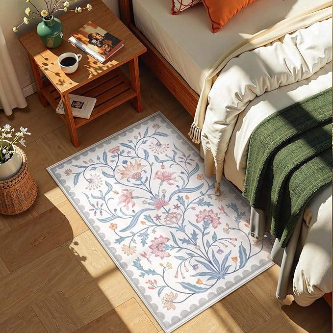 Lahome Boho Floral 2x3 Small Bathroom Rugs Non Slip Washable, Grey/Beige Kitchen Rugs for Entryway, Soft Indoor Carpet Throw Rug for Laundry Indoor Door Mat (Grey/Beige,2x3)