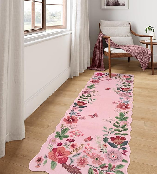 Lahome Floral Kitchen Runner, 2X6 Washable Runner Rug Non-Slip, Ultra-Thin Soft Hallway Rug Stain Resistant Boho Carpet for ‎Bedroom Laundry Bathroom, Pink