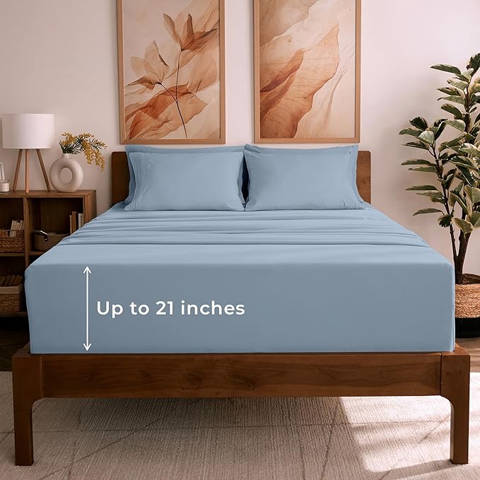 Mellanni King Sheet Set - 6-Piece Iconic Collection Bedding, (Including 4 Pillowcases), 21-Inch Extra Deep Pocket, Easy Care, Ultra Soft, Cooling Sheets, Brushed Microfiber - Blue Hydrangea