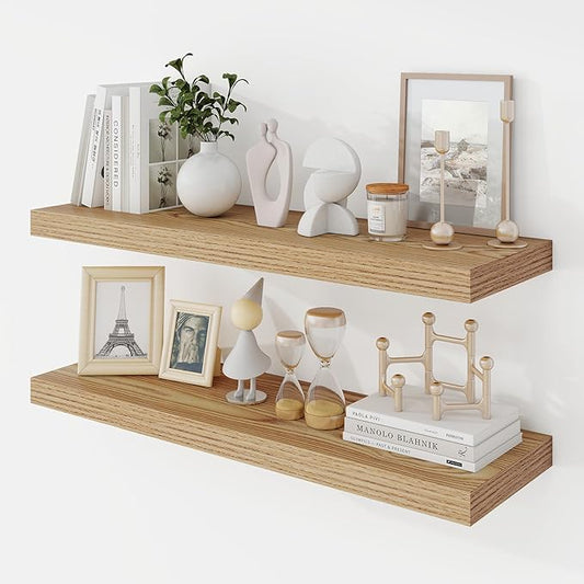 30 Inch Floating Shelves, 9.3" Deep Floating Shelf Wall Mounted, 30" Wall Shelves, Rustic Deep Bookshelf, Large Display Shelves & Storage Shelves for Bedroom, Living Room, Light Brown, Set of 2