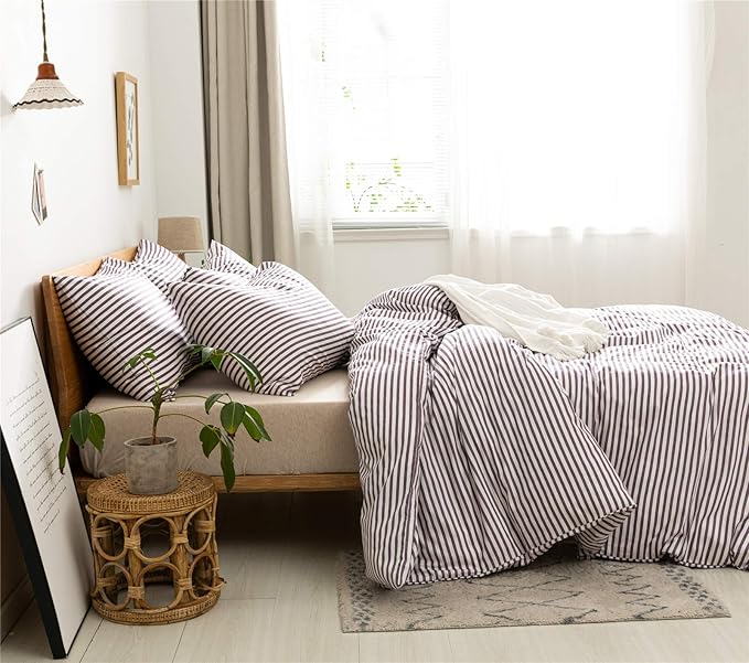 JELLYMONI 100% Natural Cotton 3pcs Striped Duvet Cover Sets,White Duvet Cover with Purple Stripes Pattern Printed Comforter Cover,with Zipper Closure & Corner Ties(King Size)