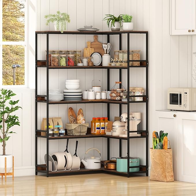 Giantex 5-Tier Corner Bookshelf, 71" L-Shaped Bookcase, Tall Etagere Bookshelf with Metal Frame, Industrial Open Display Shelf, Vertical Storage Rack for Living Room, Study, Office (Rustic Brown)