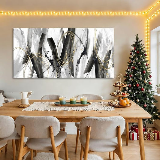 AJAZIKO Black and Gold Modern Wall Art - Large Abstract Wall Art Decor for Living Room, Bedroom, Office - Elegant Black and White Painting for Stylish Home Decor