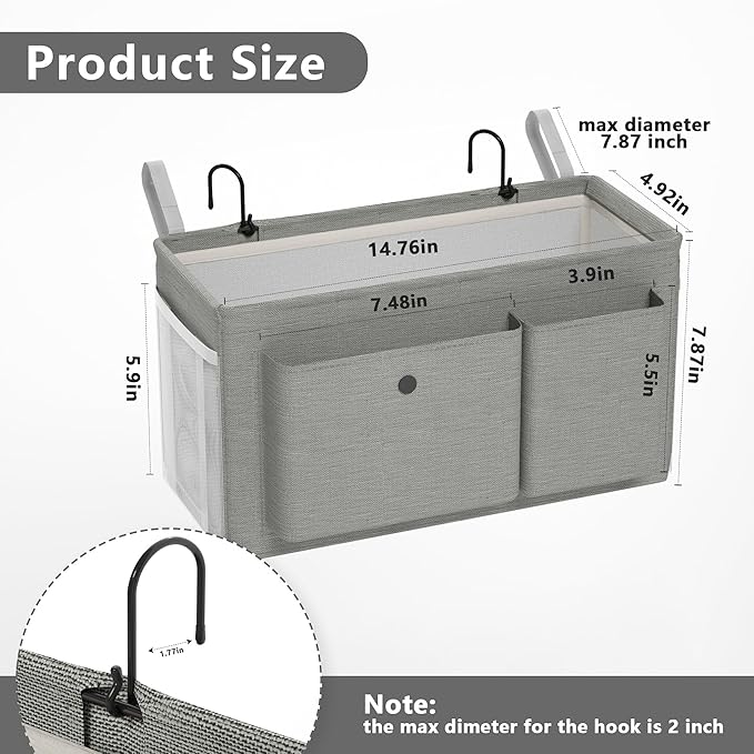 Bedside Caddy Bedside Organizer with Fixed Straps & Water Bottle Holder, Bunk Bed Caddy ideal for Home, Dorm, Hospital, Crib, Versatile Bedside Storage Solution (Grey)