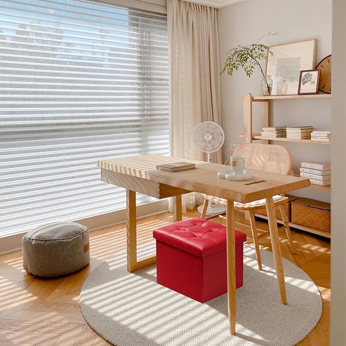 AmasSmile Storage Ottoman Folding Foot Rest Stool, Leather Footstool Bench, Short Ottoman Stool, Storage Foot Rest Store, Books (Red, 17" D x 13" W x 13" H)