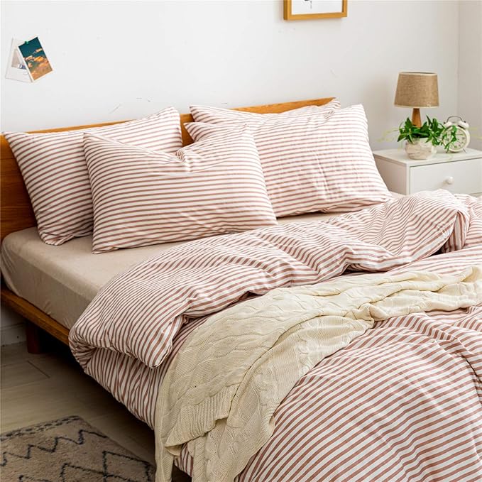 JELLYMONI 100% Natural Cotton 3pcs Striped Duvet Cover Sets,White Duvet Cover with Pink Stripes Pattern Printed Comforter Cover,with Zipper Closure & Corner Ties(Full Size)