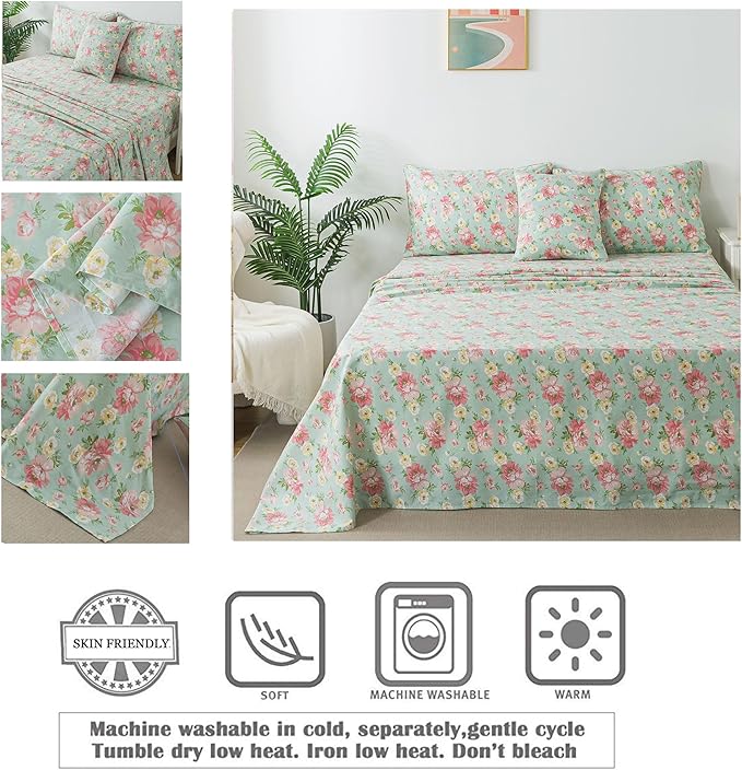 FADFAY Sheets Set Full Pink Rose Floral Shabby Yellow Peony Bed Sheet Set Vintage Farmhouse Cotton Soft Breathable With Deep Pocket Fitted Sheet 4Pcs, Full Size