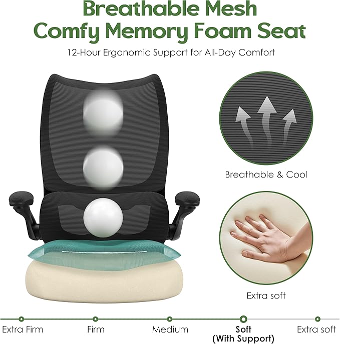 Office Chair Ergonomic Desk Chair - Comfy Mesh High Back Office Chair with Lumbar Support Wheel Home Desk Office Chairs Flip up Armrest Executive Rolling Swivel Task Computer Chair Black Silver