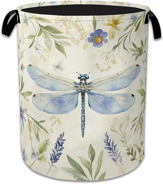 Vintage Dragonfly Laundry Basket,Foldable Waterproof Oxford Cloth Tote Bag Flower Plant Vintage Laundry Hamper with Handles,20.8"x16" Clothes Storage Bucket Organizer for Laundry Room Bathroom Bedroom