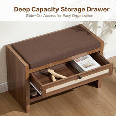 Rattan Shoe Bench Entryway Bench with Storage Drawer and Linen Seat Cushion, Farmhouse Boho Shoe Rack Bench, Wooden Storage Bench for Entryway Hallway and Bedroom - Oak