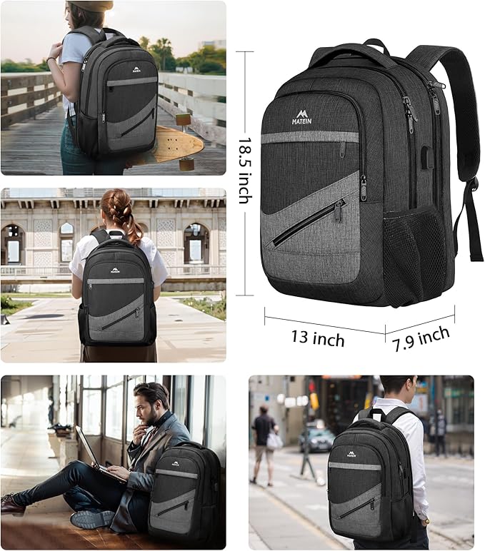 MATEIN 17 Inch Backpack for Men, Professional Work Office Laptop Backpack with USB Charging Port & Trolley Sleeve, Water Resistant Large College Daypack Travel Carry On, Black Grey