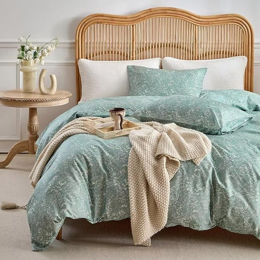 MKXI Vintage Style Comforter Set King Size Wildflower Comforter Set Floral Bedding Set Green Floral Duvet Comforter Microfiber Bed Set Soft Reversible Design Farmhouse Comforter